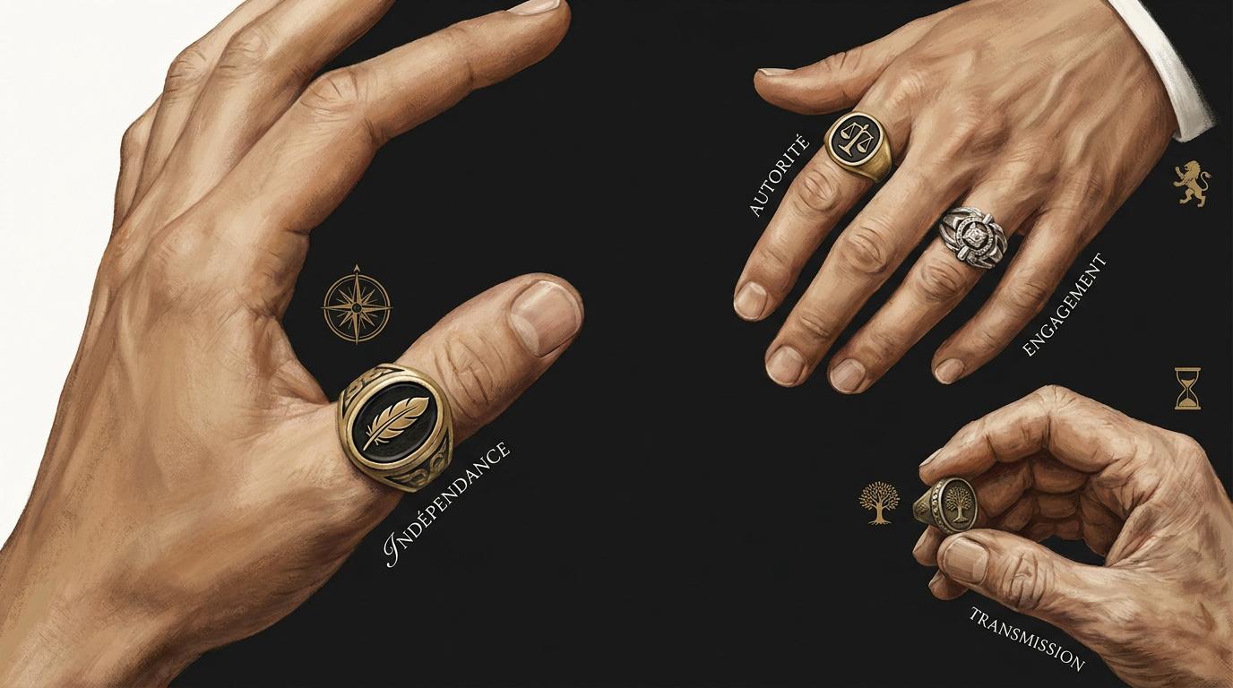 Homme élégant portant des bagues symboliques en or recyclé