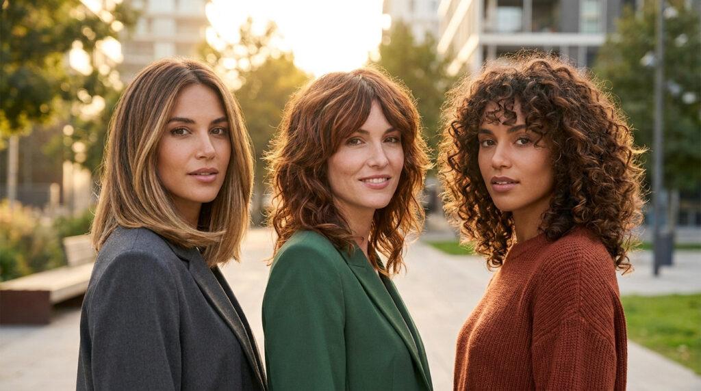 Trois femmes avec des coiffures mi-longues variées (lisse, ondulé, bouclé) posent en extérieur au coucher du soleil.