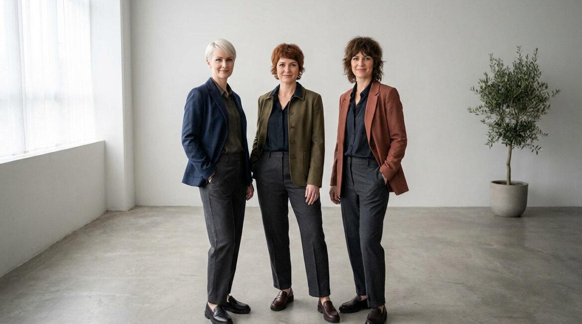 Trois femmes aux coupes courtes modernes, souriantes, vêtues de blazers et pantalons, posant dans un intérieur minimaliste.