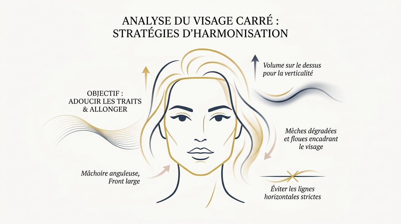 Schéma d'analyse d'un visage carré pour adapter la coupe de cheveux