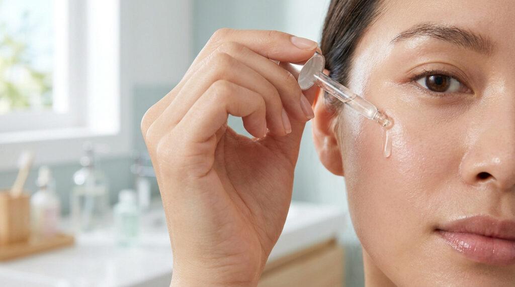 Gros plan sur une femme appliquant un sérum hydratant à l'aide d'une pipette sur sa joue, dans une salle de bain lumineuse.