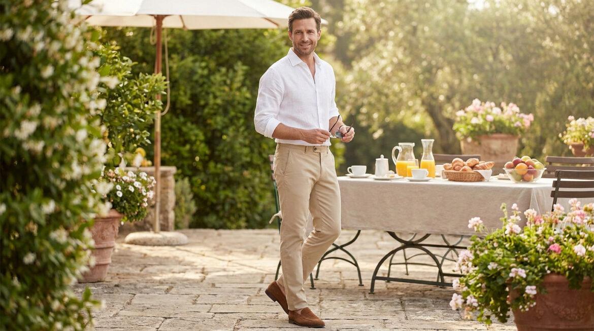Homme souriant en chemise de lin blanche et chino beige sur une terrasse ensoleillée avec table de petit-déjeuner.