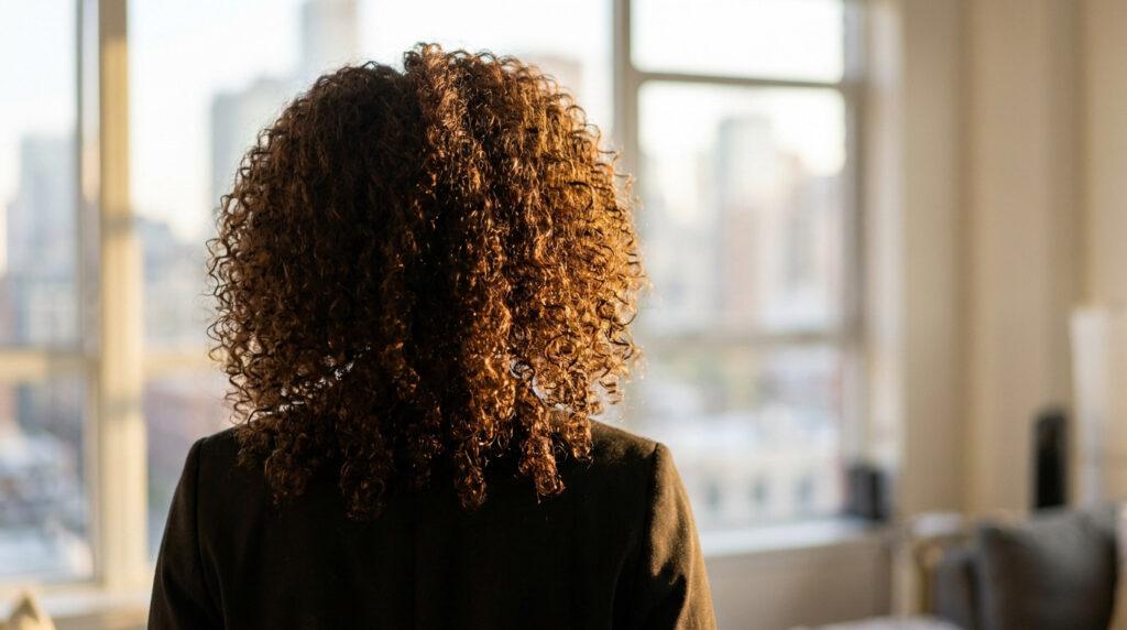 Vue de dos d'une personne aux cheveux bouclés bruns, illuminés par la lumière naturelle d'une fenêtre.
