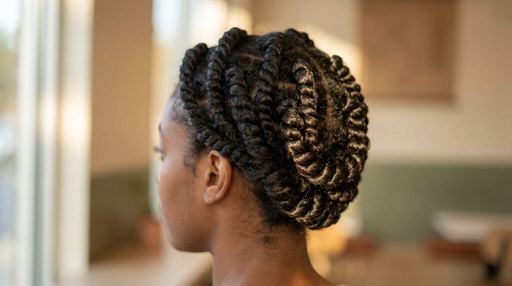 Femme de dos avec une coiffure protectrice barrel twist. Les tresses noires épaisses sont relevées en chignon, brillantes.