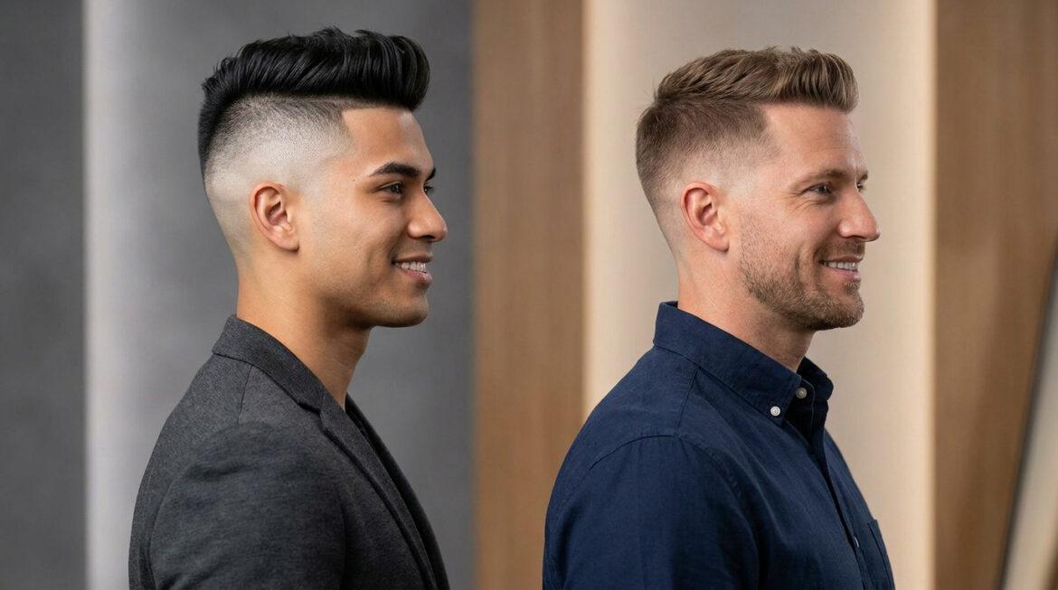 Dégradé blanc ou américain : comment choisir votre style ? Deux hommes souriants en profil présentant un dégradé à blanc prononcé et un dégradé américain plus classique.