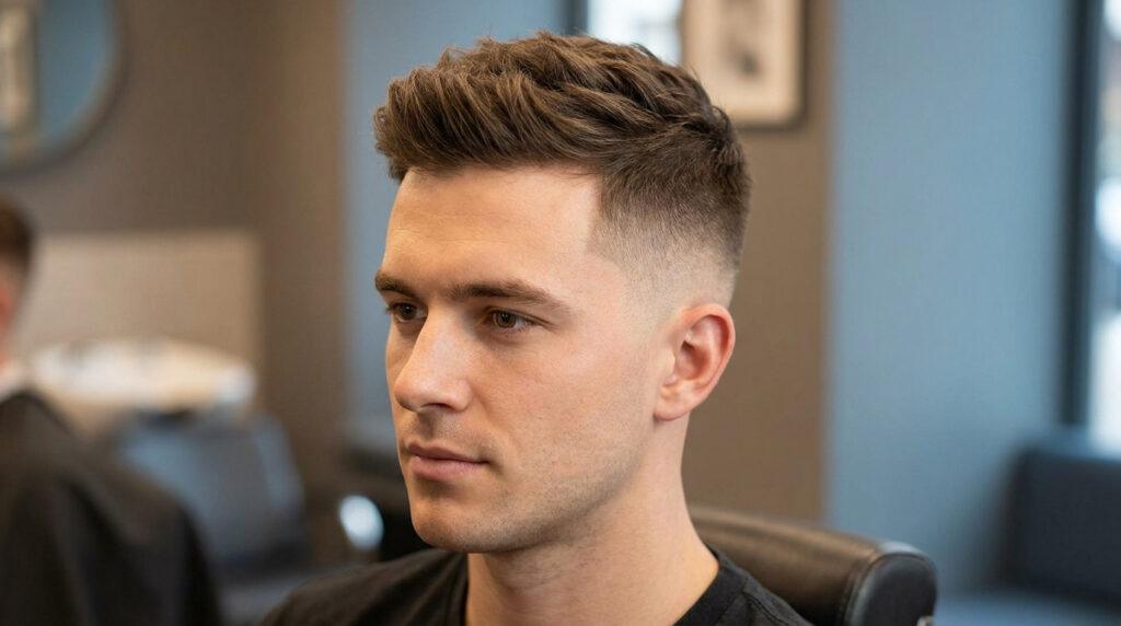 Jeune homme avec un dégradé progressif net et des cheveux bruns texturés sur le dessus, vue de profil.