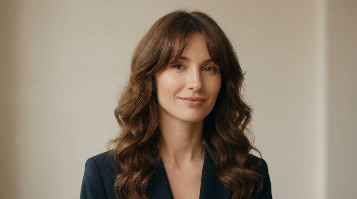 Quelle coupe pour un visage allongé choisir en 2026 ? Portrait d'une femme aux longs cheveux bruns ondulés et frange rideau, souriante. Une coiffure parfaite pour les visages allongés.