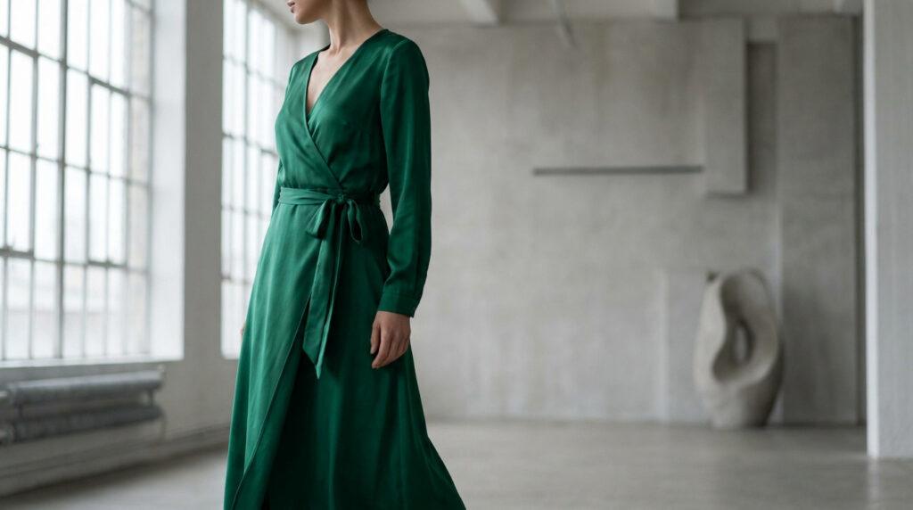Femme portant une robe portefeuille longue vert émeraude en satin, devant une grande fenêtre. Ambiance lumineuse et épurée.