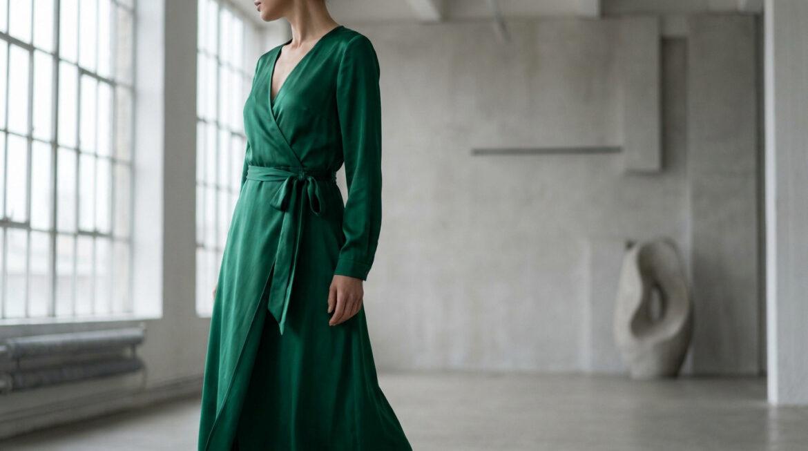 La robe portefeuille : sublimez votre silhouette en 2026 Femme portant une robe portefeuille longue vert émeraude en satin, devant une grande fenêtre. Ambiance lumineuse et épurée.