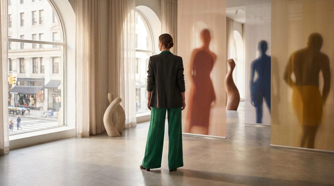 Sublimer votre morphologie femme et valoriser vos courbes Femme élégante de dos en blazer et pantalon vert, contemplant des silhouettes artistiques sur écrans translucides dans une galerie lumineuse.