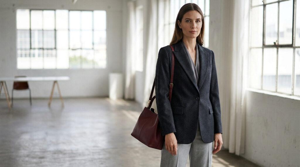 Femme élégante en costume gris anthracite et pantalon gris clair, portant un sac bordeaux. Elle pose dans un espace lumineux avec des fenêtres.