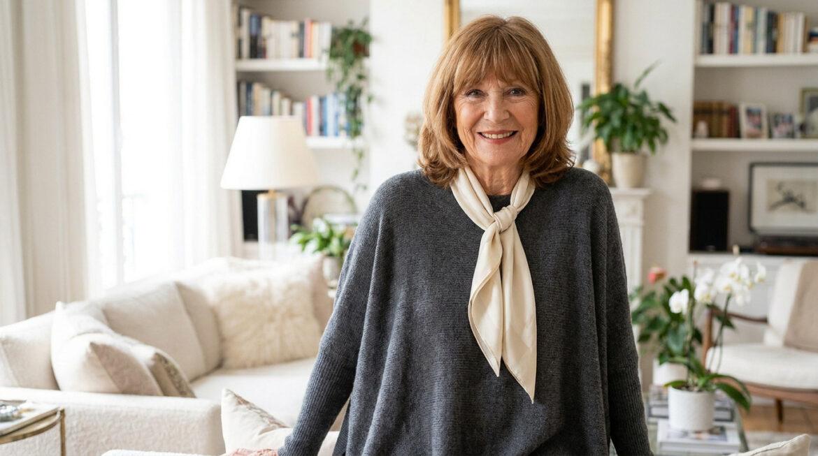 Femme souriante aux cheveux mi-longs dégradés avec frange, foulard élégant, dans un intérieur lumineux et cosy.