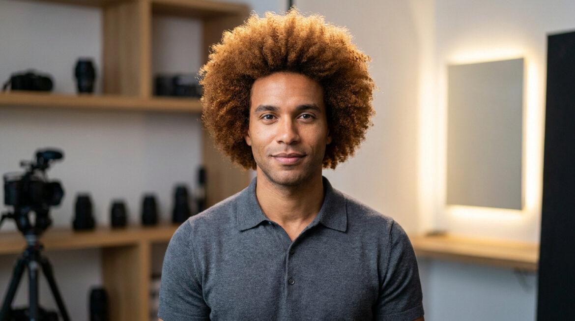 Coupe afro homme : le guide des styles et soins en 2026 Portrait d'un homme souriant aux cheveux afro volumineux et cuivrés, portant un polo gris, dans un intérieur moderne.