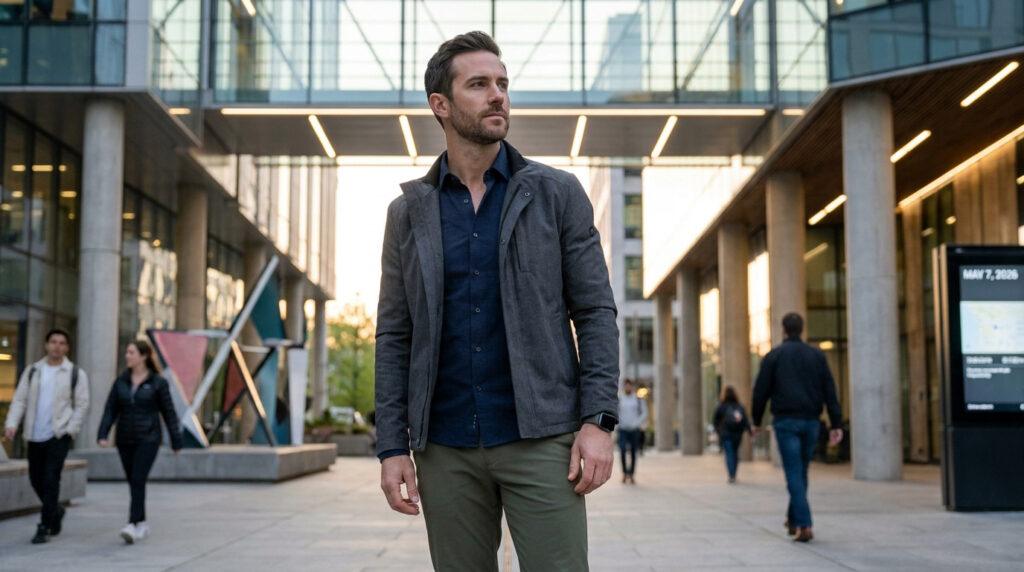 Homme élégant en veste grise et chemise bleue dans un cadre urbain moderne. Un écran affiche la date "MAY 7, 2026".
