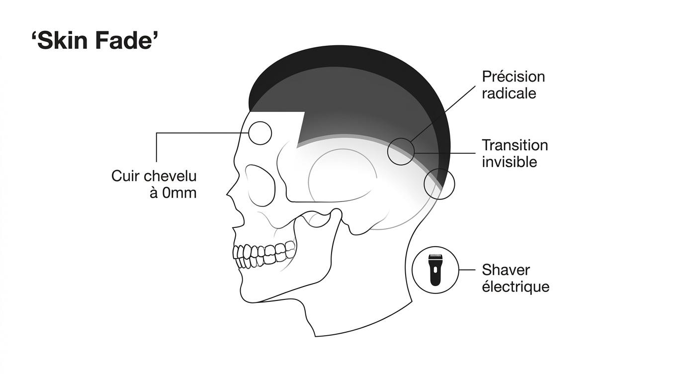 Infographie expliquant les étapes techniques du dégradé à blanc ou skin fade