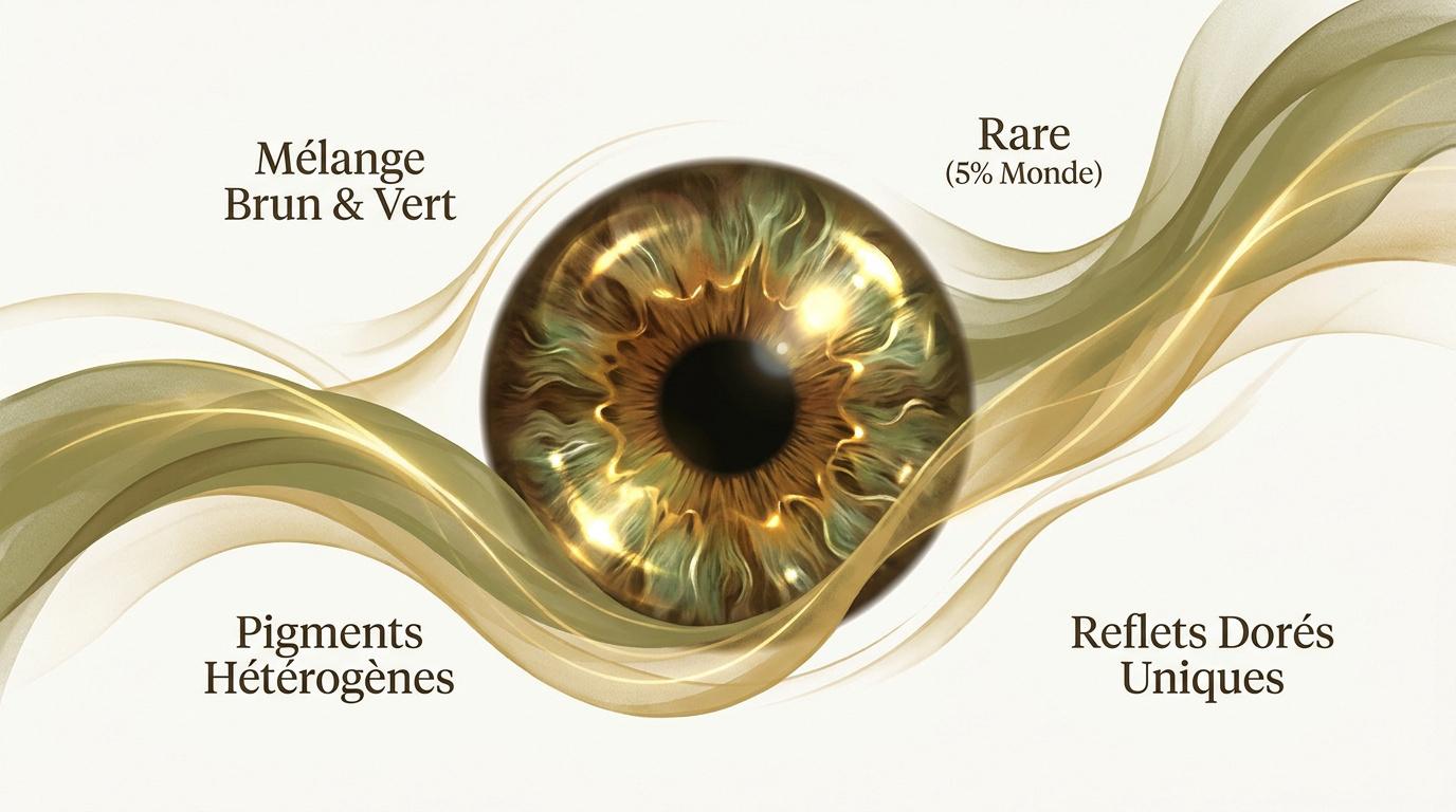 Gros plan sur un iris aux yeux noisette montrant des reflets dorés et verts