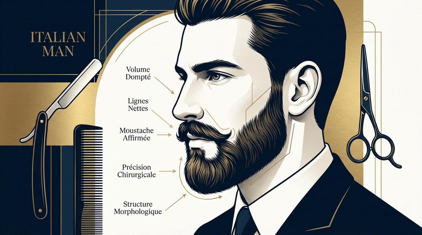 Homme élégant avec une barbe italienne sculptée et des contours nets