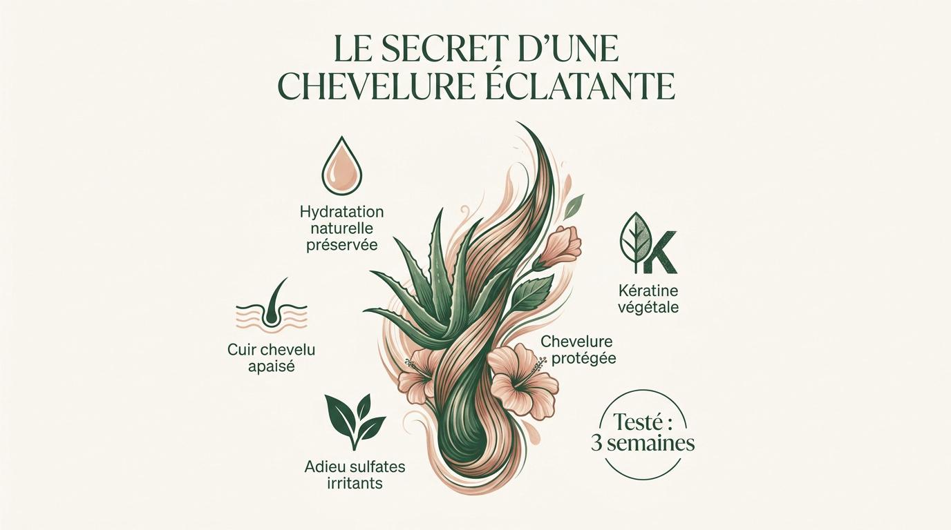 Femme aux cheveux brillants et sains après l'utilisation d'un shampoing sans sulfate