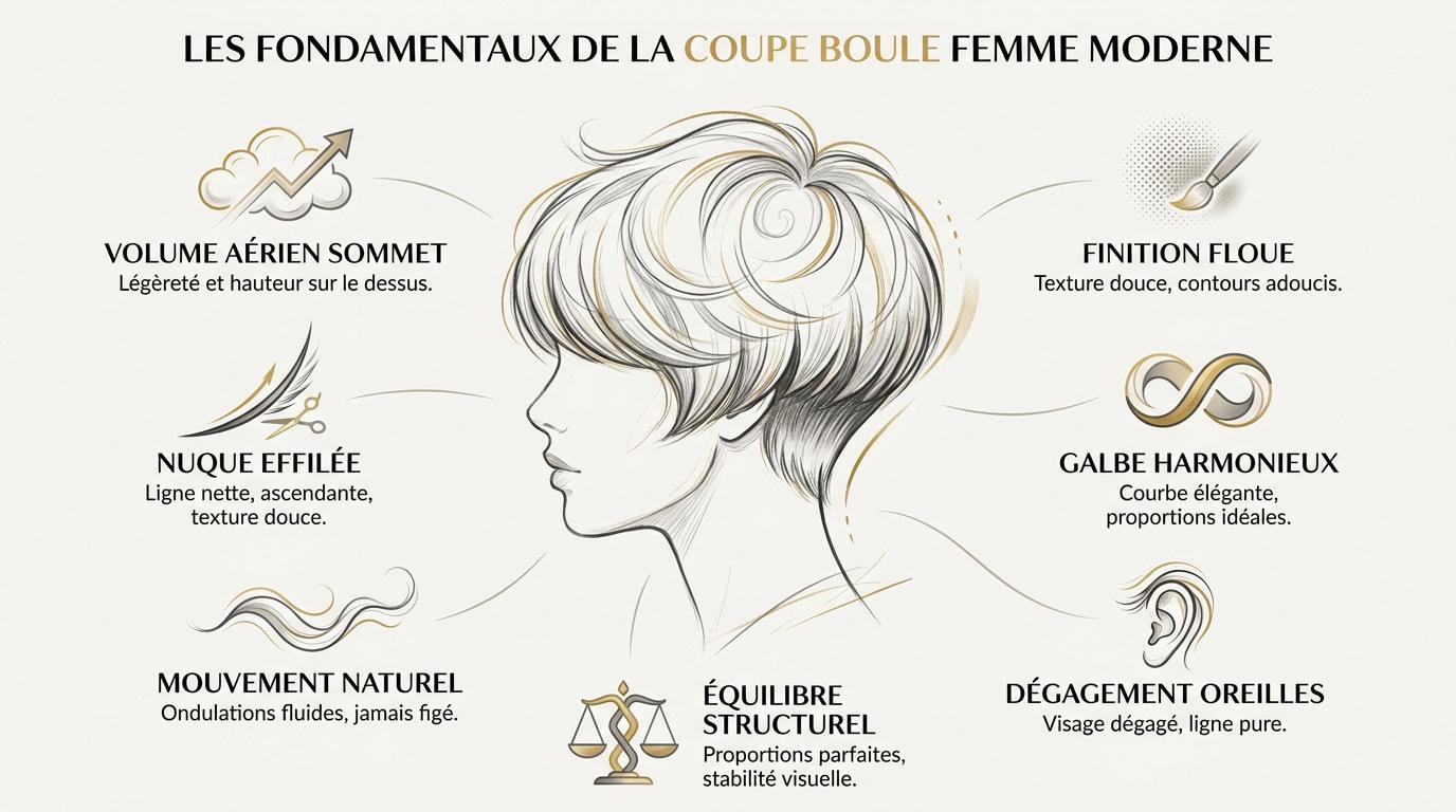 Femme arborant une coupe boule moderne avec volume aérien et nuque effilée