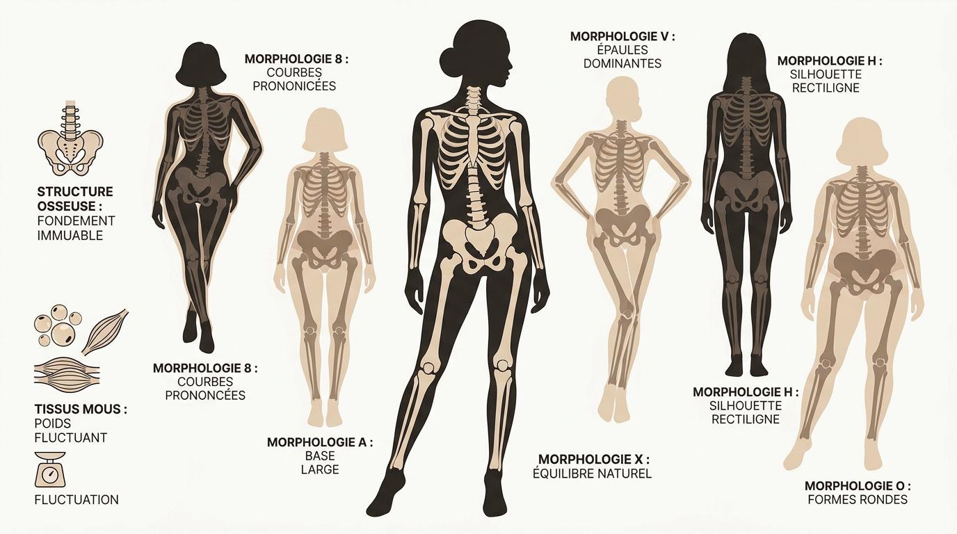 Schéma comparatif entre la structure osseuse et les tissus mous pour identifier la morphologie femme