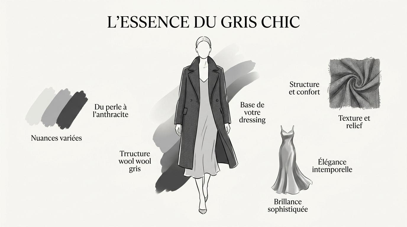 Femme élégante portant une tenue grise sophistiquée avec des textures de laine et de soie