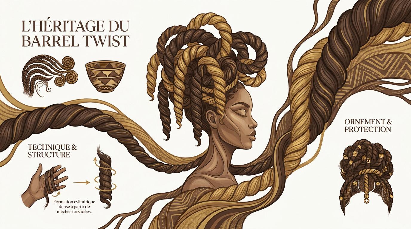 Coiffure barrel twist structurée mettant en avant l'héritage culturel africain