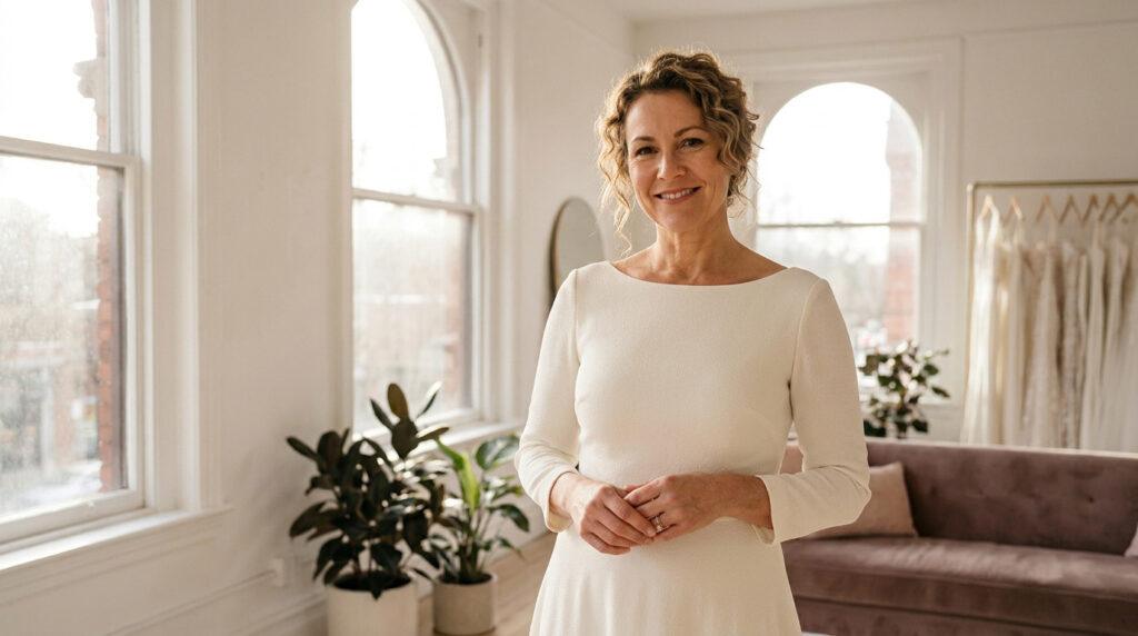 Femme souriante en robe de mariée crème élégante et simple, manches longues, posant dans une boutique lumineuse avec fenêtres et robes.