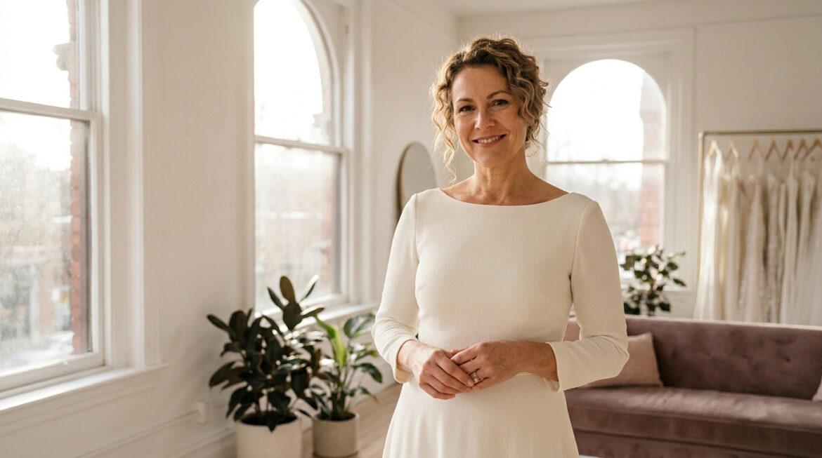 Quelle robe de mariée choisir pour un remariage en 2026 ? Femme souriante en robe de mariée crème élégante et simple, manches longues, posant dans une boutique lumineuse avec fenêtres et robes.