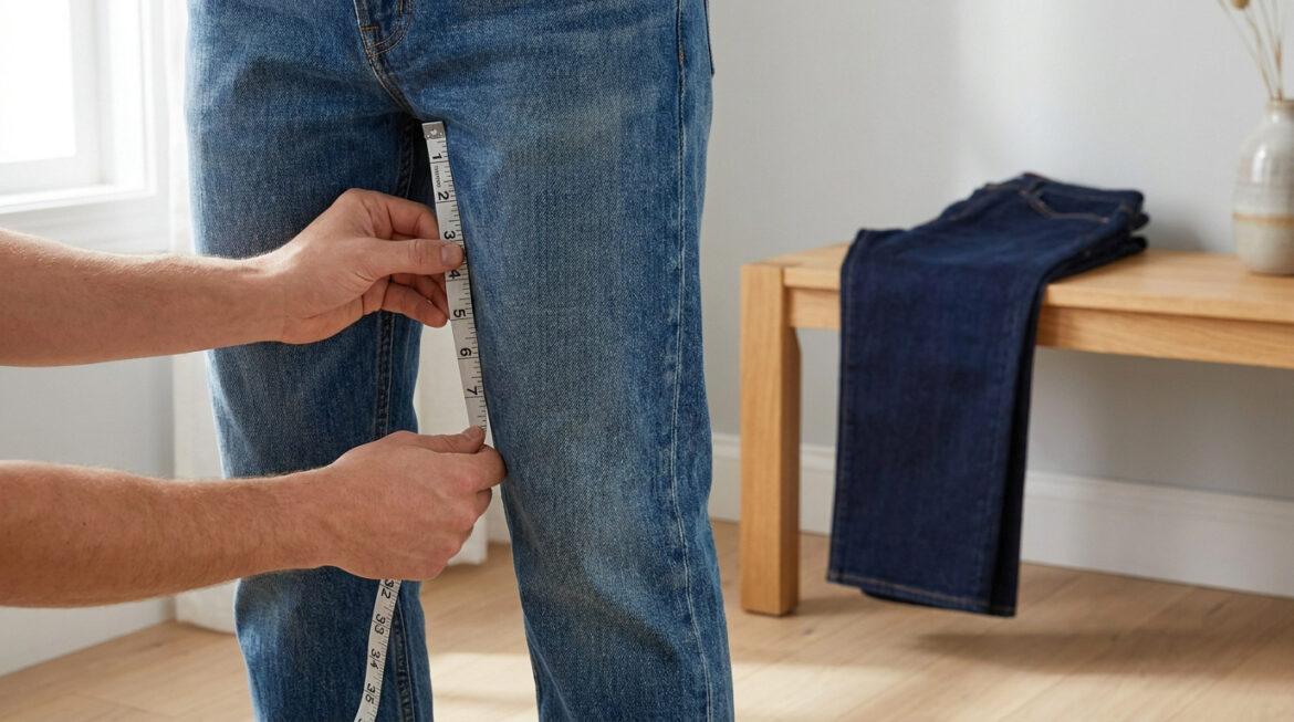 Bien choisir son inseam jean pour une silhouette parfaite Des mains mesurent l'entrejambe d'un jean bleu clair sur une personne avec un mètre ruban. Un jean foncé plié sur un banc en bois.