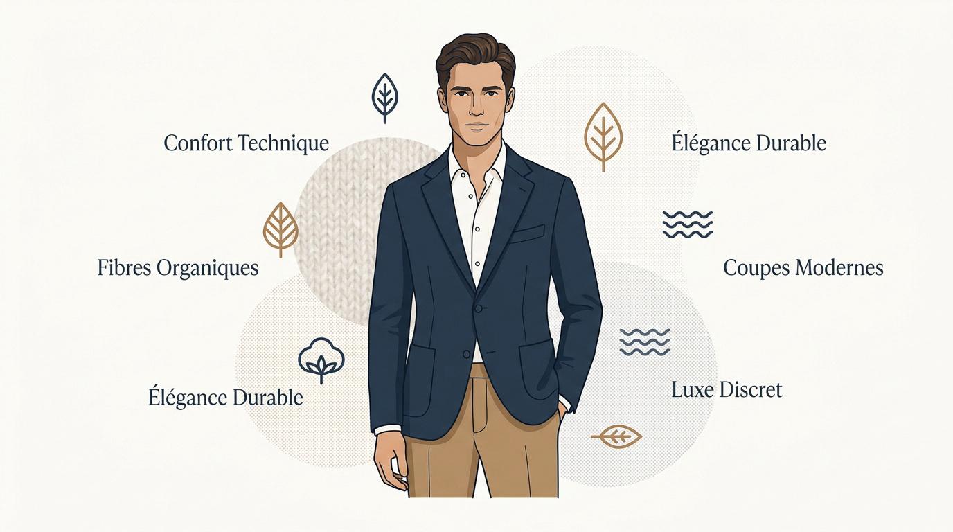 Homme moderne portant une tenue néo masculin alliant textile technique et coupe classique