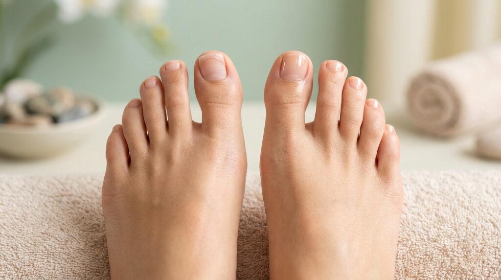 Gros plan sur deux pieds aux ongles d'orteils soignés, posés sur une serviette, avec un fond de spa flou.