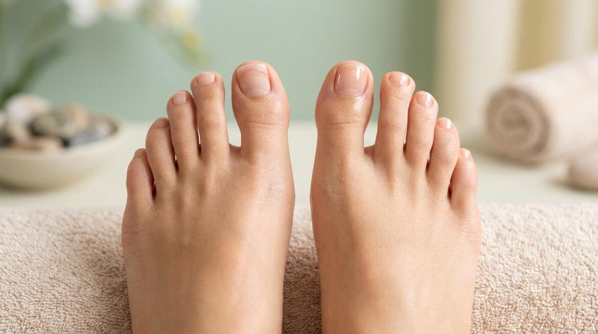 Faux ongle pied : risques et alternative rubber base Gros plan sur deux pieds aux ongles d'orteils soignés, posés sur une serviette, avec un fond de spa flou.
