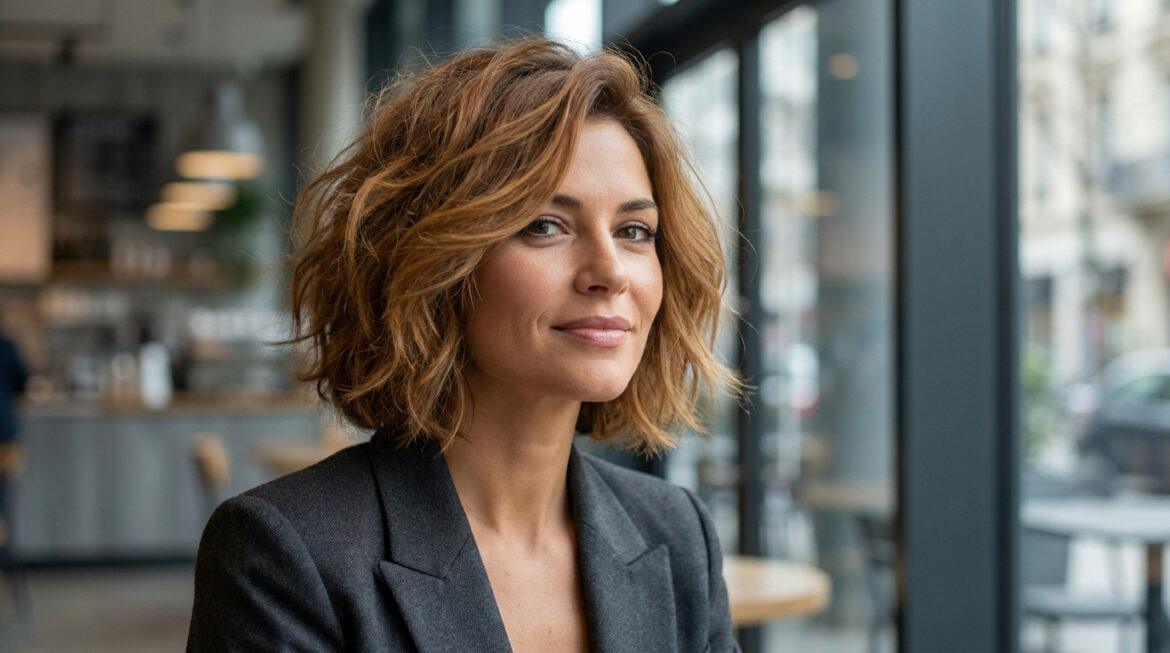 Portrait d'une femme souriante avec un carré dégradé flou châtain clair, vêtue d'une veste grise, devant une fenêtre.
