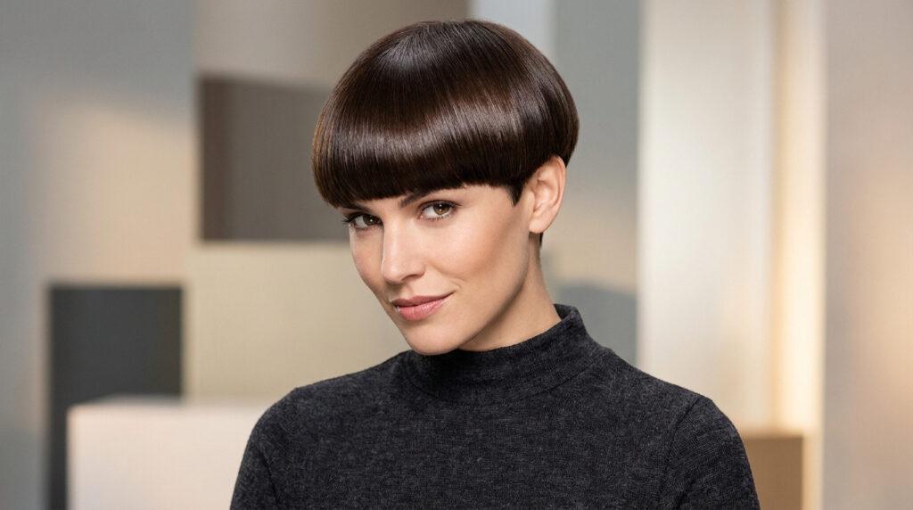 Gros plan d'une femme souriante avec une coupe boule brune très lisse et brillante, portant un pull gris à col roulé.