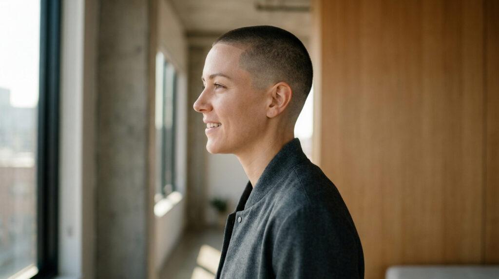 Portrait en profil d'une femme souriante avec une coupe buzz cut. Elle porte une veste grise dans un cadre moderne lumineux.
