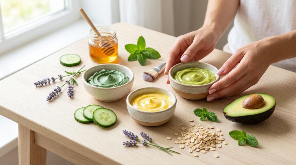 Main tenant un bol de masque avocat, entouré d'ingrédients naturels pour masques visage : miel, concombre, lavande, menthe, avoine.