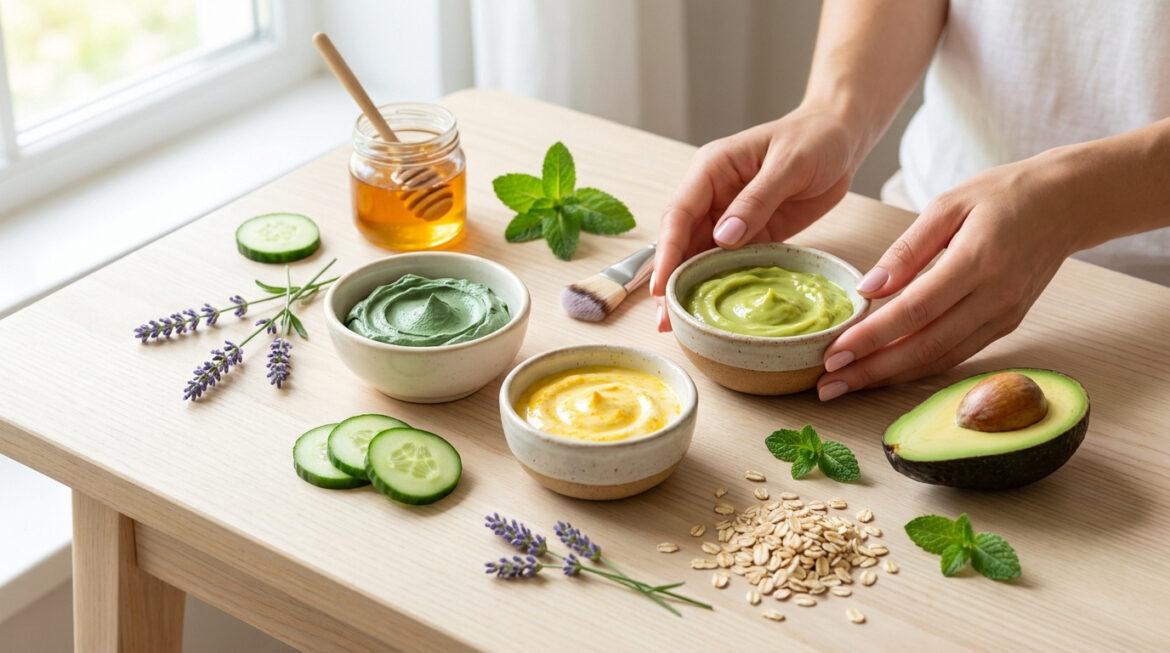 Quelle recette masque visage pour une peau parfaite ? Main tenant un bol de masque avocat, entouré d'ingrédients naturels pour masques visage : miel, concombre, lavande, menthe, avoine.