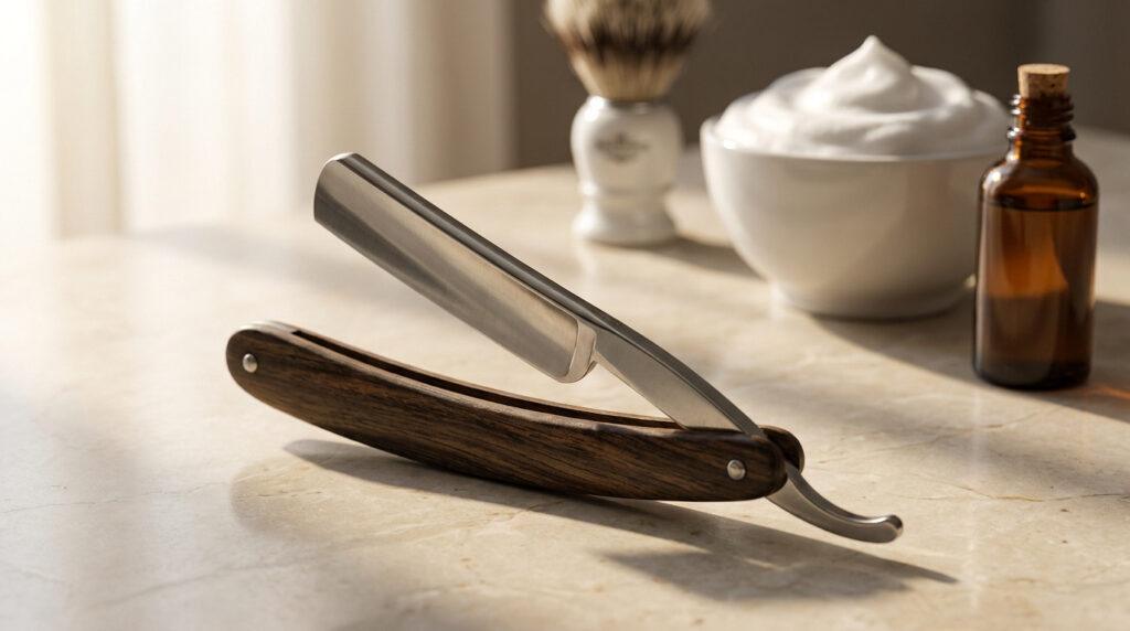 Un coupe-choux ouvert avec un manche en bois sur une table. En arrière-plan, un blaireau, un bol de mousse et une fiole d'huile.