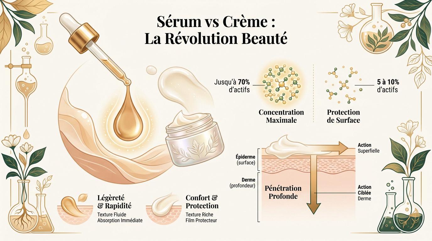 Comparaison visuelle entre la texture fluide d'un sérum concentré et l'onctuosité d'une crème hydratante