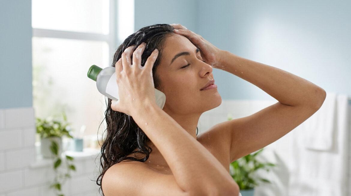 Une femme aux cheveux mouillés applique et masse un shampoing sur son cuir chevelu dans une salle de bain lumineuse.