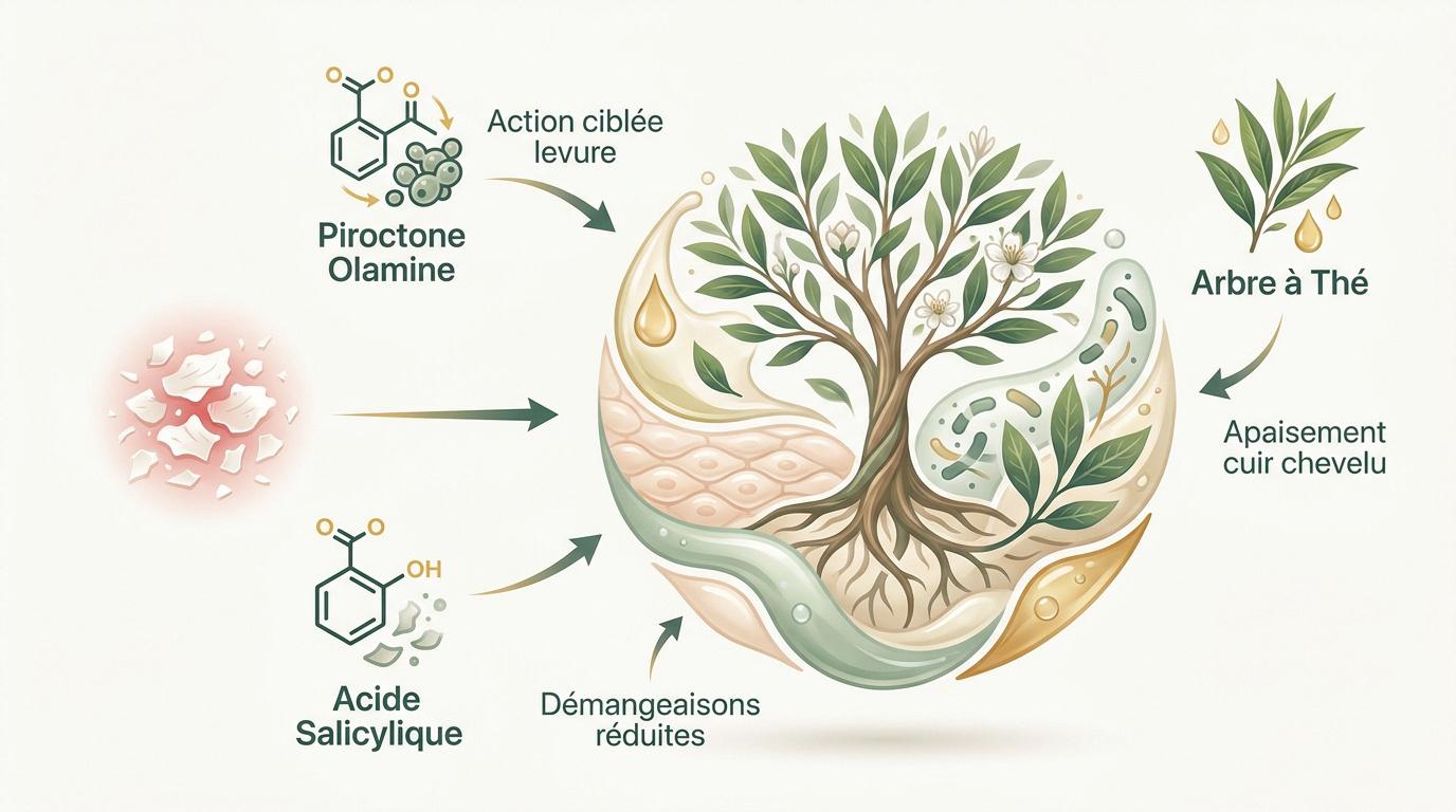 Infographie des actifs et bénéfices des soins pour le cuir chevelu atteint de dermite séborrhéique