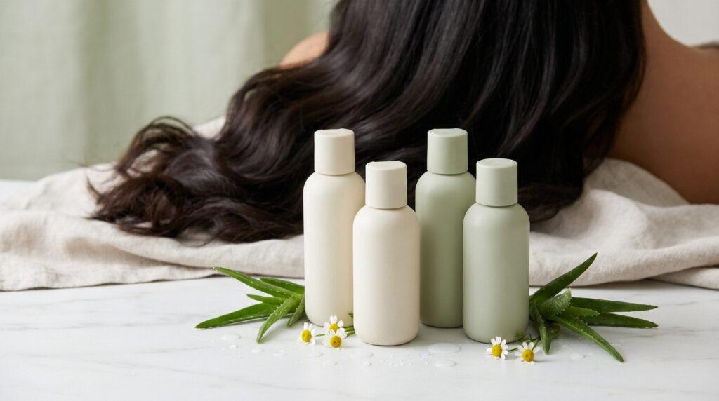 Quatre flacons de shampoing/après-shampoing sans sulfate avec feuilles d'aloe vera, camomille, et longs cheveux bruns en arrière-plan.