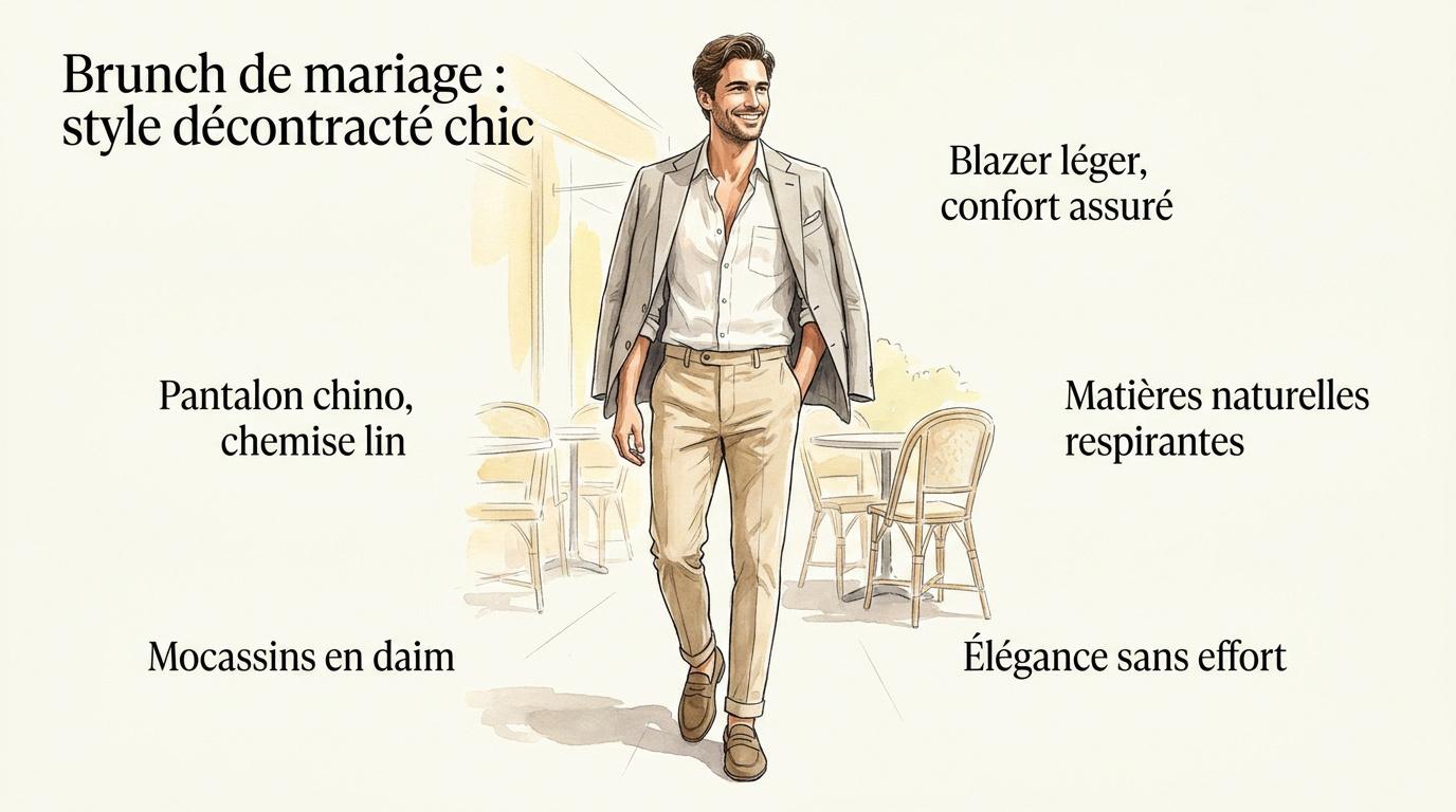 Homme élégant en tenue décontractée chic avec chemise claire et pantalon chino pour un brunch de mariage