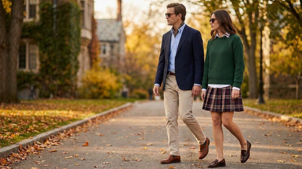 Un couple au look preppy marche sur un chemin bordé de feuilles d'automne. Ils portent des tenues chics et intemporelles.