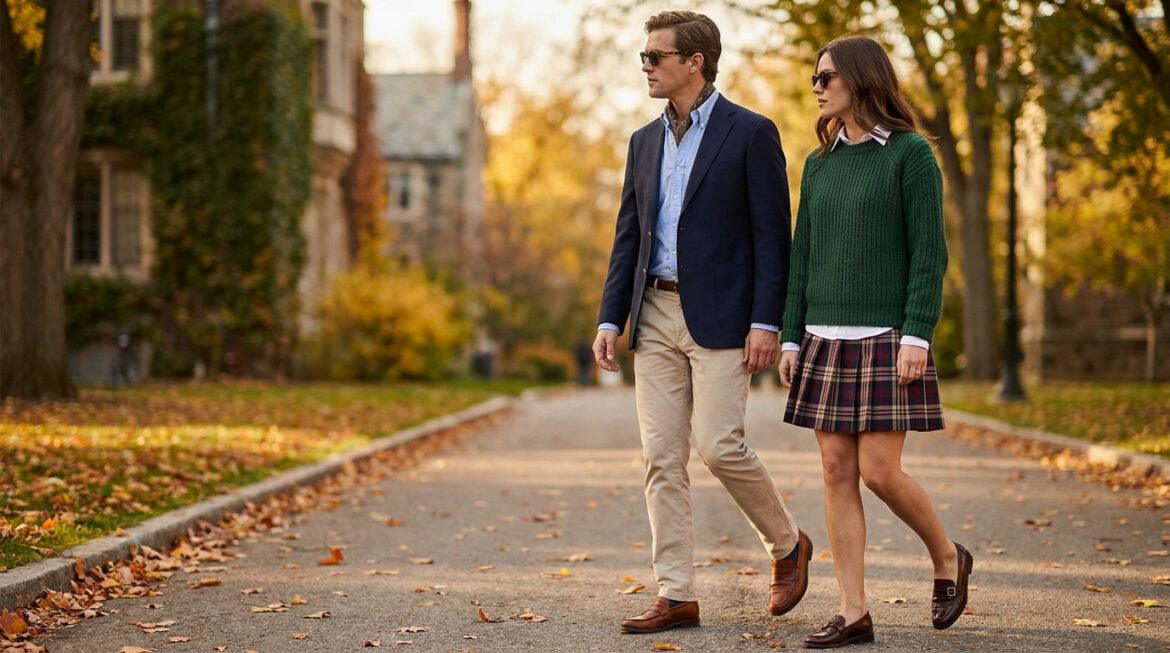 Un couple au look preppy marche sur un chemin bordé de feuilles d'automne. Ils portent des tenues chics et intemporelles.