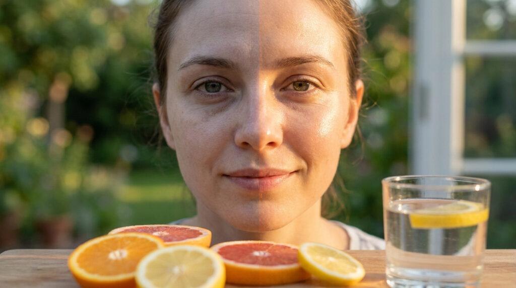 Photo comparative d'un visage féminin : un côté terne et un côté rayonnant, avec agrumes et eau fraîche.