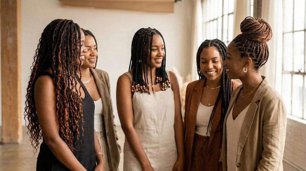 Cinq femmes noires souriantes affichent diverses tresses africaines : longues, ondulées, perlées et un chignon haut.