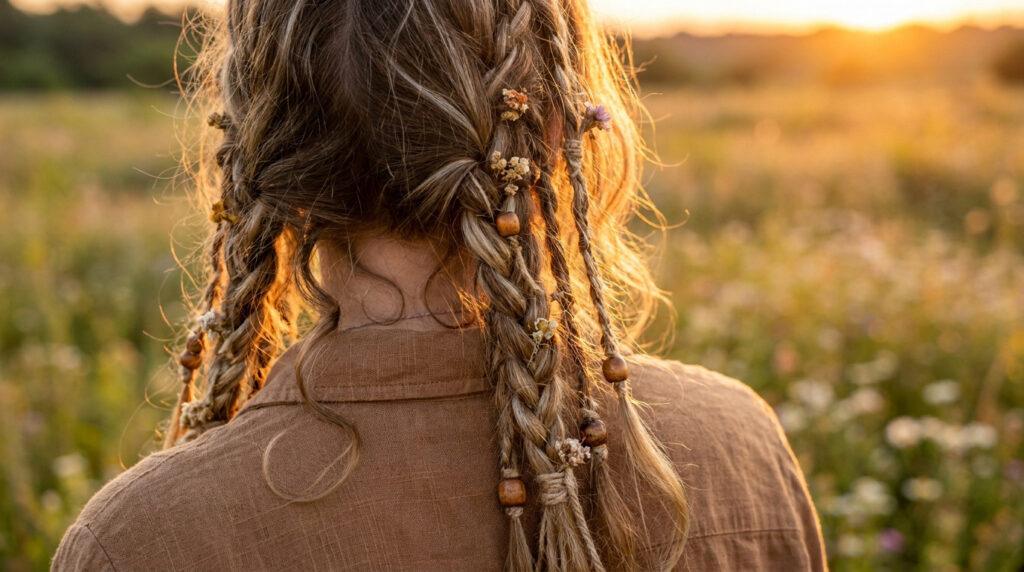 Vue de dos d'une personne aux tresses bohèmes ornées de fleurs et perles, en plein champ au coucher du soleil.