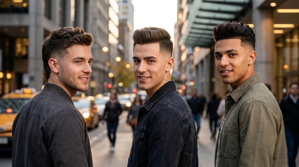 Trois jeunes hommes souriants aux coupes dégradées modernes, posant dans une rue animée de ville.