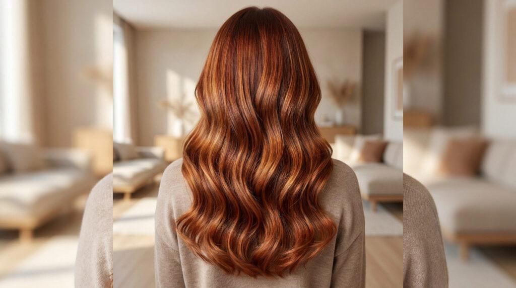 Vue de dos d'une femme avec de longs cheveux ondulés d'une teinte roux auburn cuivré lumineux.